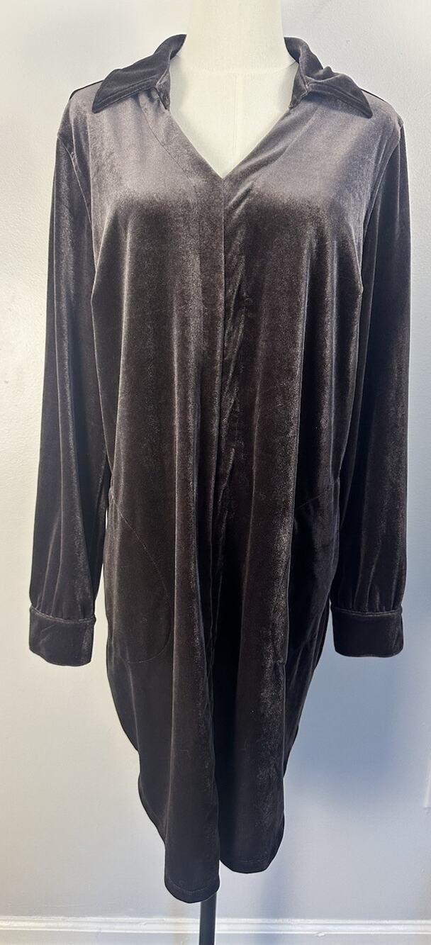 Belle Kim Gravel Velour Chocolate Plum Tunic Dress Minimalist Boho Chic Pocket L